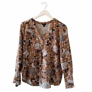 Ann Taylor Floral Mixed Media Pleat Front Gold Gray Office Career Top Sz MP